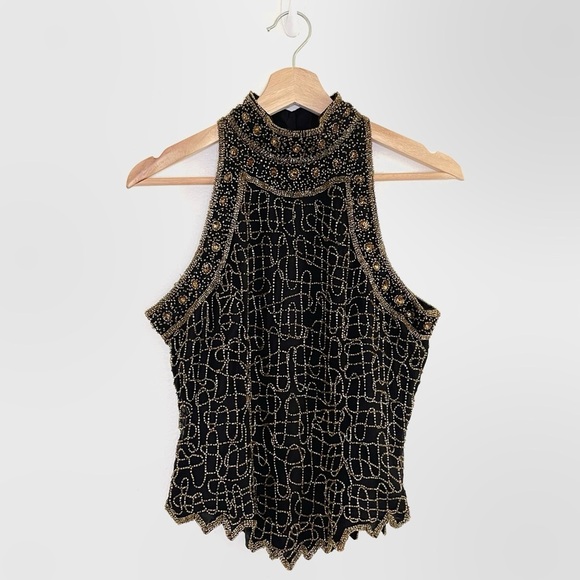 Papell Boutique Tops - Vintage Papell Boutique Evening Beaded Silk Art Deco High Neck Top Black Gold MP